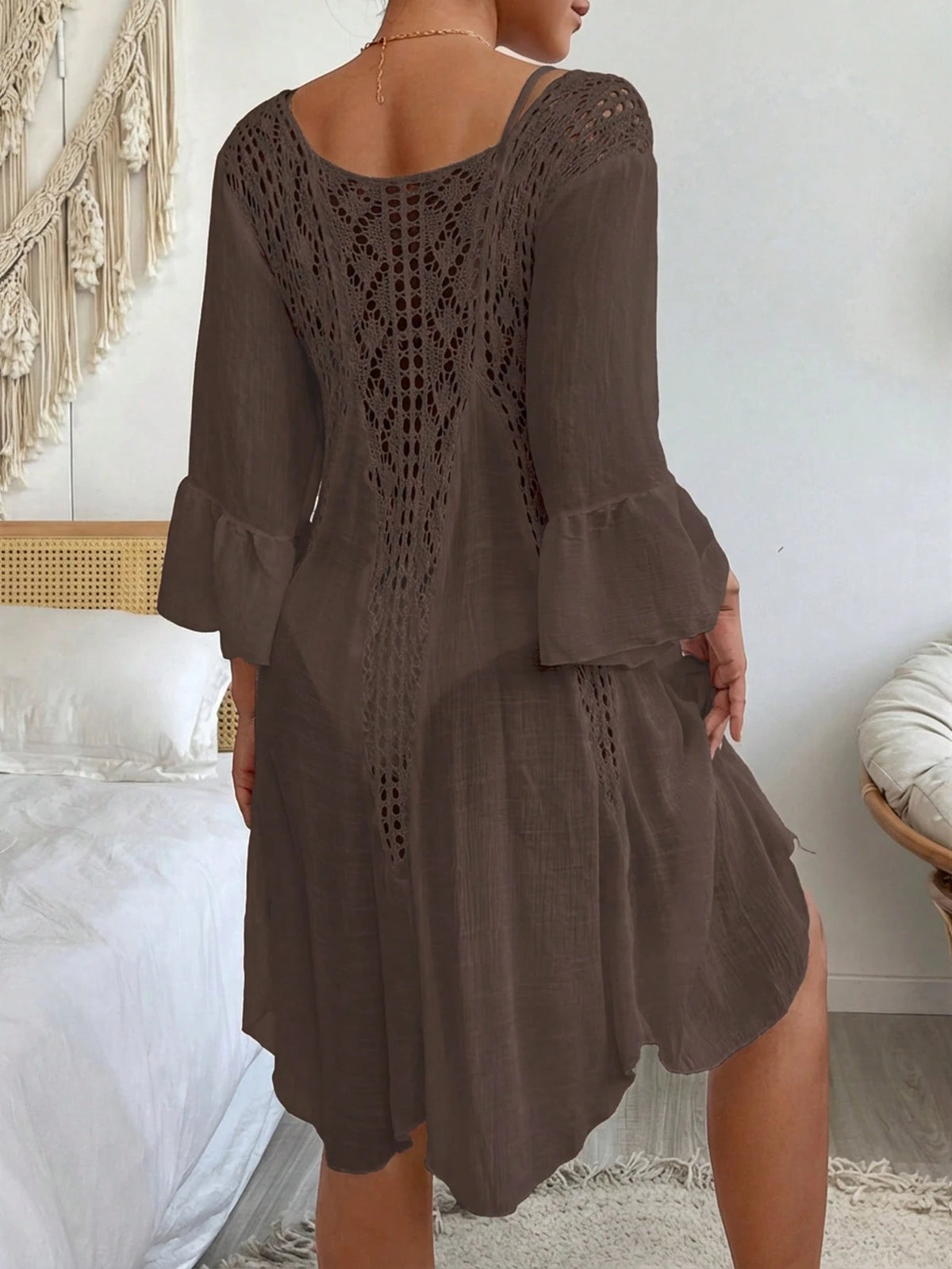 Swim Vcay Women's Bohemian Casual Vacation Beach Party Hollow Out Flare Sleeve Crochet Cover Up Dress, Spring/Summer