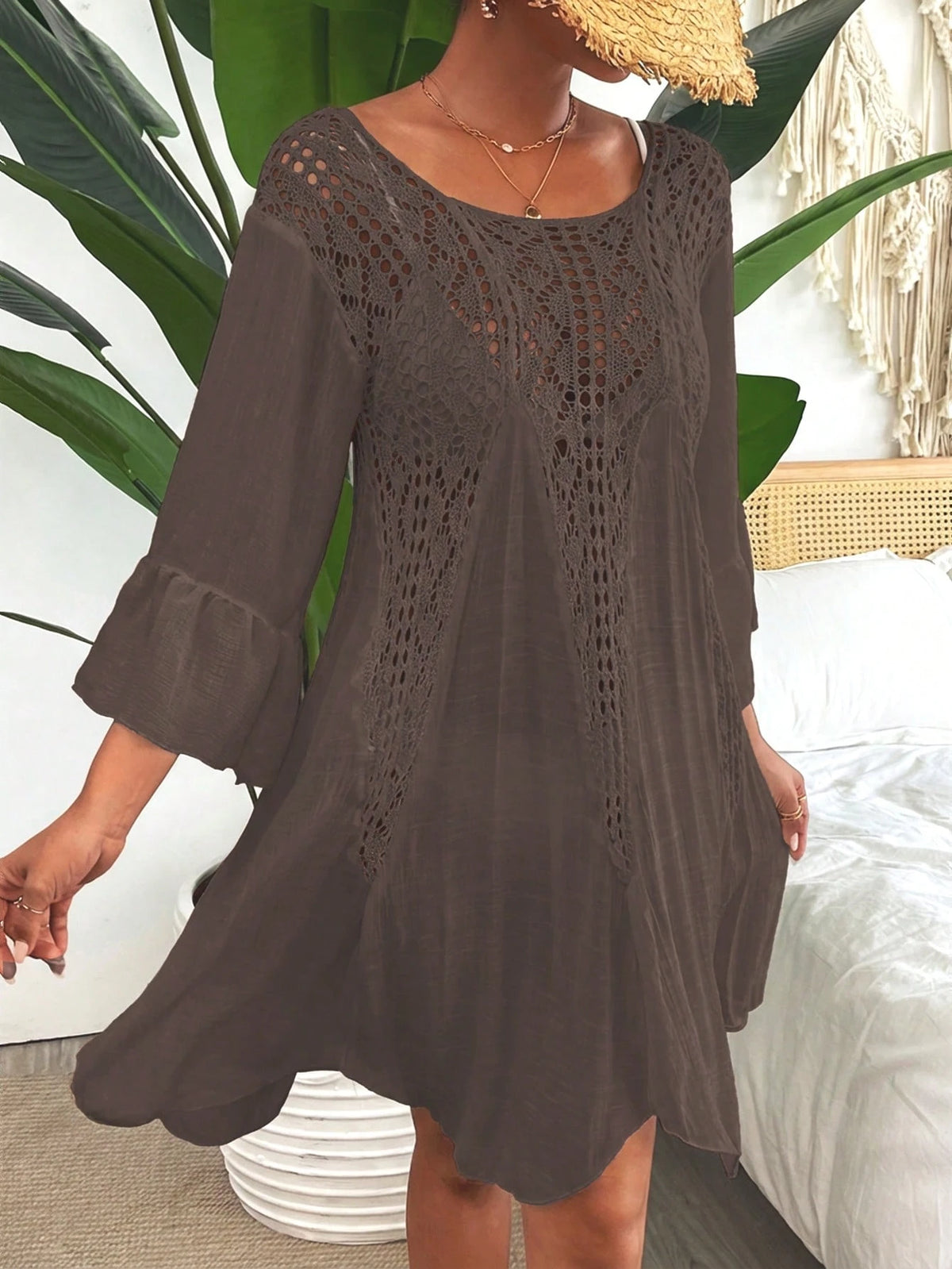 Swim Vcay Women's Bohemian Casual Vacation Beach Party Hollow Out Flare Sleeve Crochet Cover Up Dress, Spring/Summer