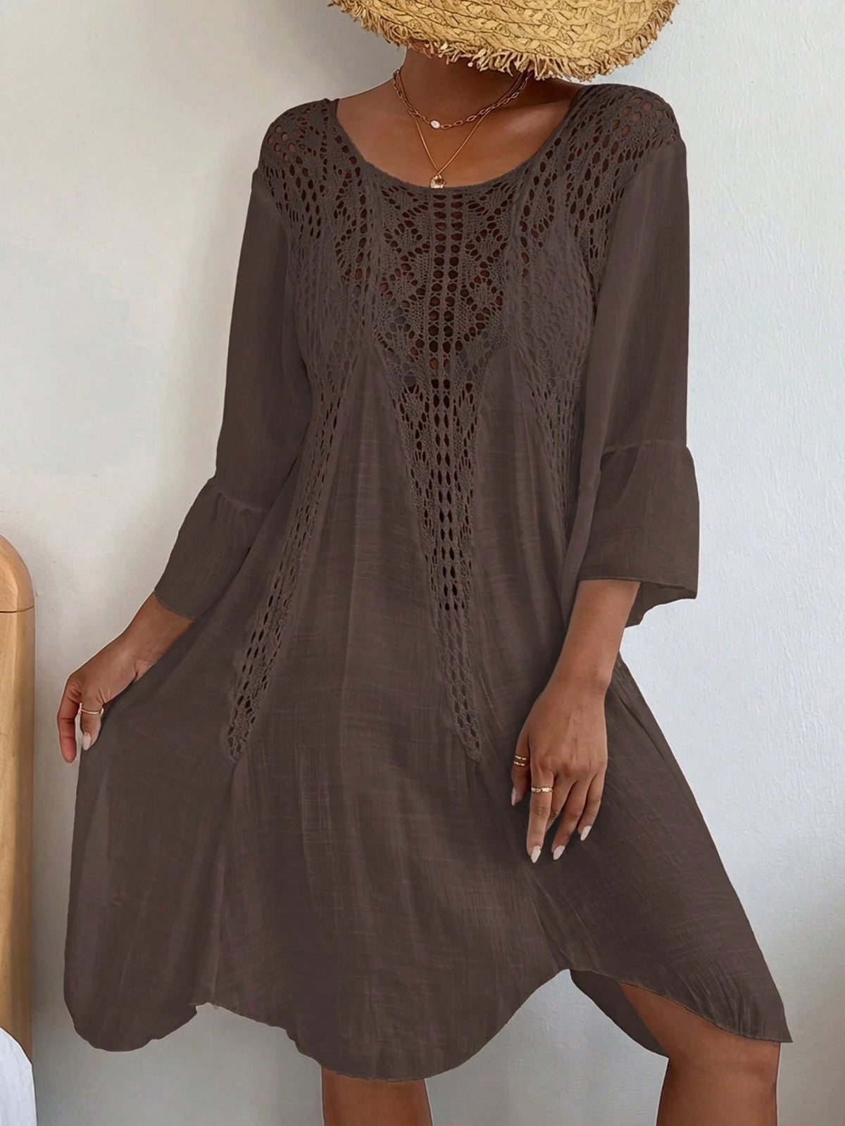 Swim Vcay Women's Bohemian Casual Vacation Beach Party Hollow Out Flare Sleeve Crochet Cover Up Dress, Spring/Summer