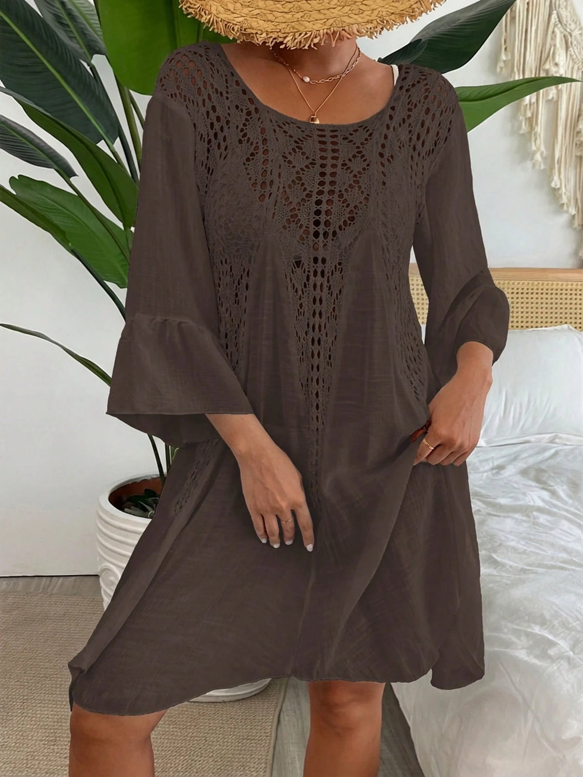 Swim Vcay Women's Bohemian Casual Vacation Beach Party Hollow Out Flare Sleeve Crochet Cover Up Dress, Spring/Summer