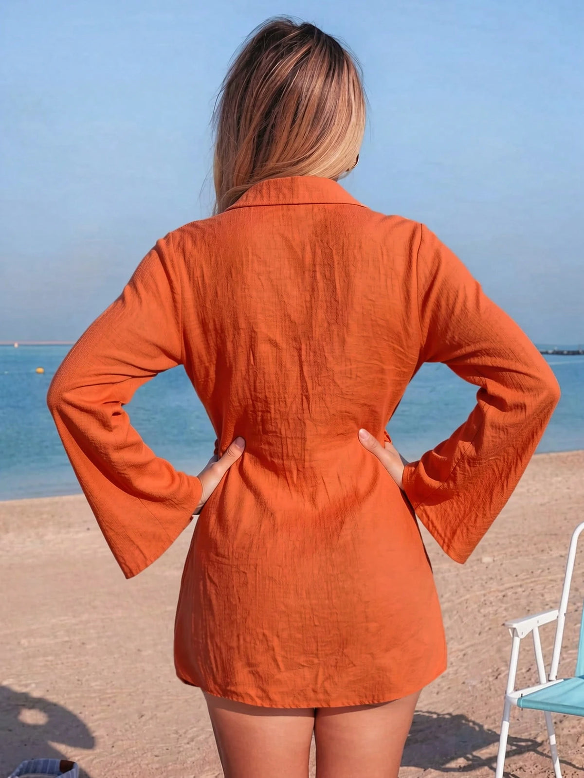 Swim Vcay Women's Burnt Orange Long Sleeve Shirt Collar Tie Casual Vacation Beach Vacation Cover-Up Dress Summer