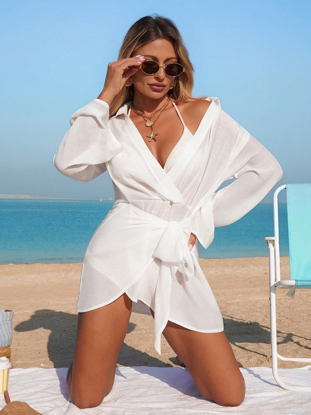 Swim Vcay Women's Burnt Orange Long Sleeve Shirt Collar Tie Casual Vacation Beach Vacation Cover-Up Dress Summer