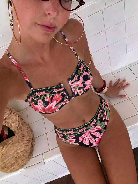 Swim Vcay Women's Casual Tropical Vacation Beach Multi-Color Printed Textured Fabric Bikini 2 Pieces Set Swimwear Black Summer