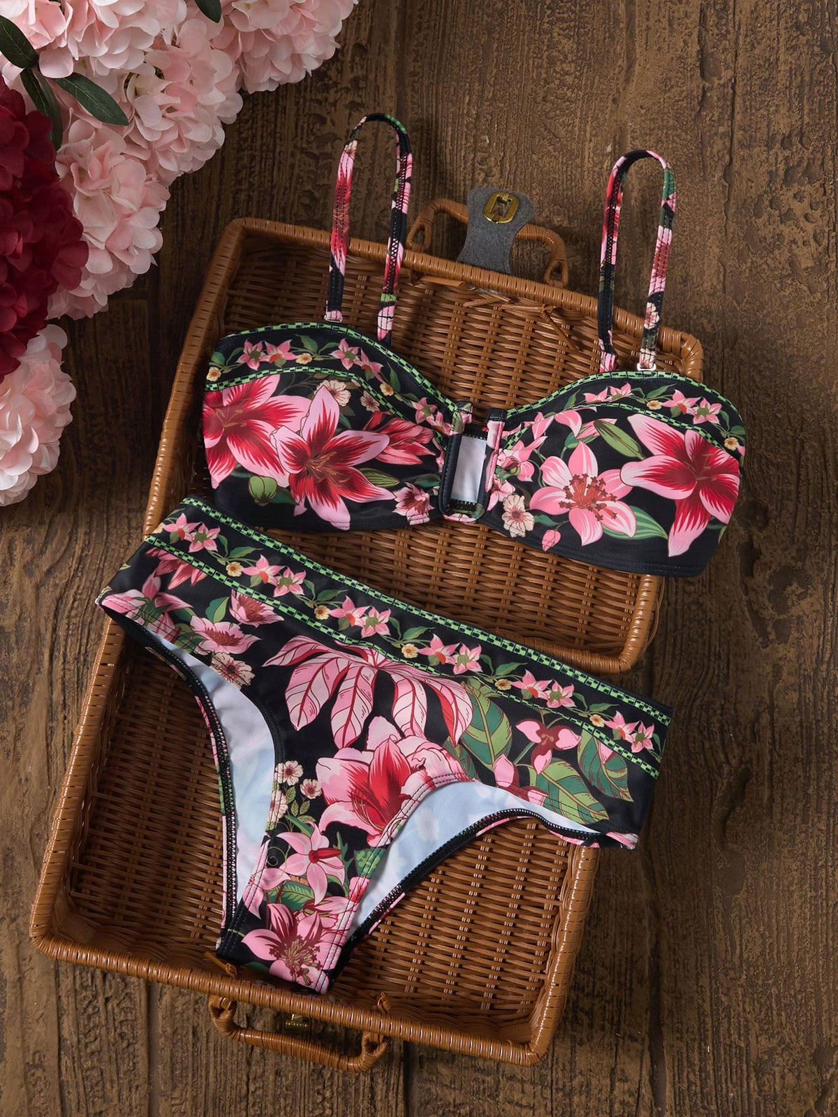 Swim Vcay Women's Casual Tropical Vacation Beach Multi-Color Printed Textured Fabric Bikini 2 Pieces Set Swimwear Black Summer