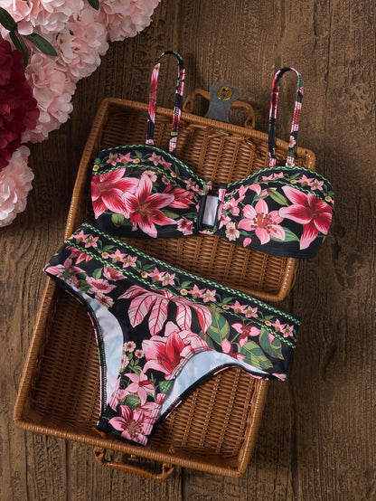 Swim Vcay Women's Casual Tropical Vacation Beach Multi-Color Printed Textured Fabric Bikini 2 Pieces Set Swimwear Black Summer