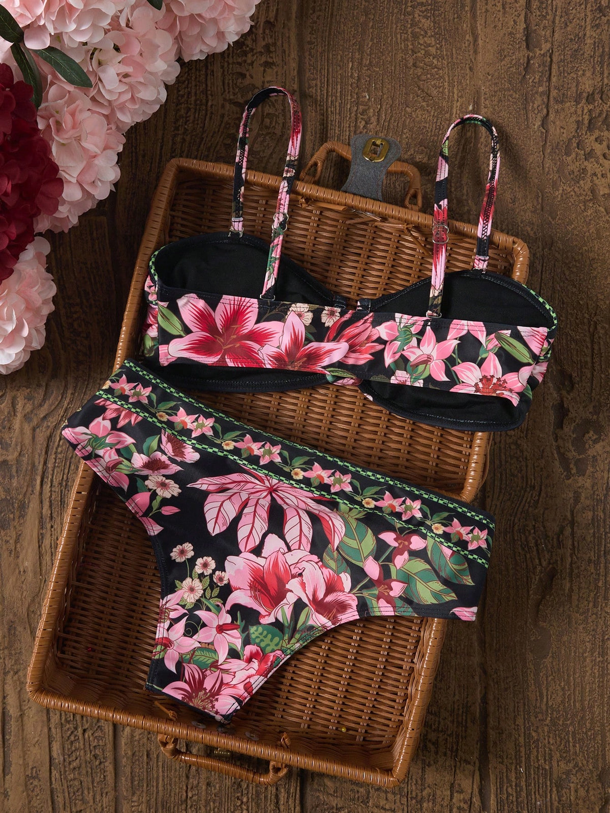 Swim Vcay Women's Casual Tropical Vacation Beach Multi-Color Printed Textured Fabric Bikini 2 Pieces Set Swimwear Black Summer
