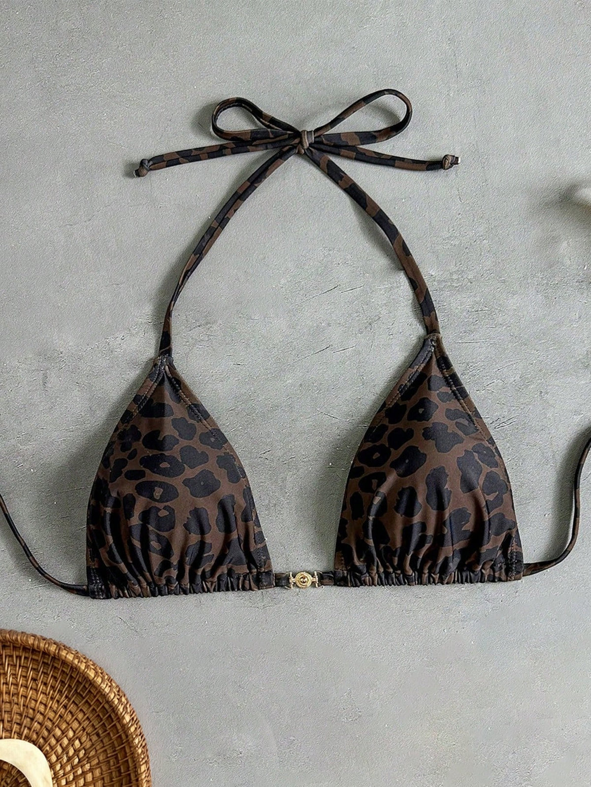 Swim Vcay Women's Chocolate Brown Leopard Print Bikini Top,Halter Tie Front Metal Circle Decor Swimwear,Summer,Casual,Beach,Holiday,Vacation,Holiday Holiday