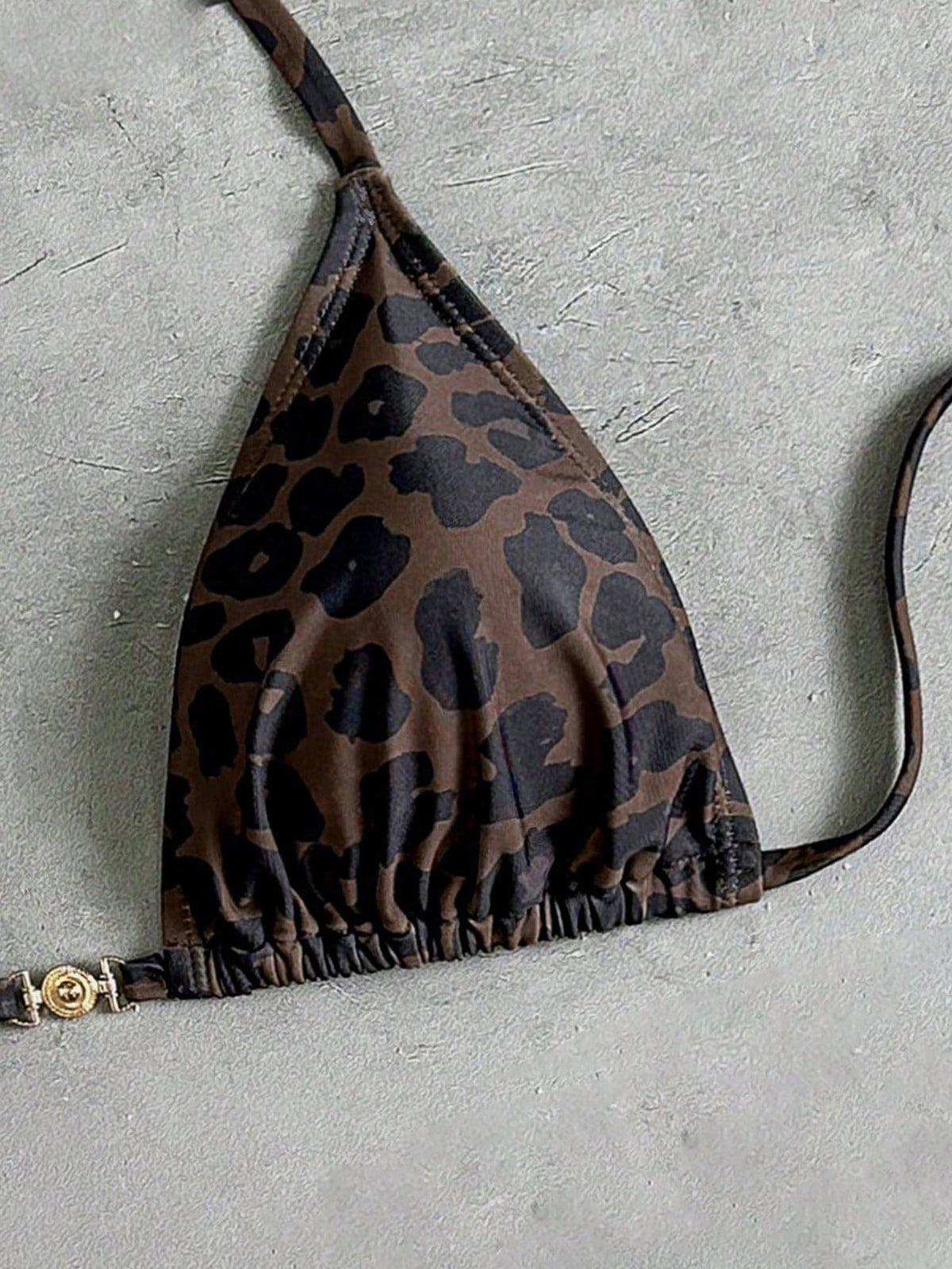 Swim Vcay Women's Chocolate Brown Leopard Print Bikini Top,Halter Tie Front Metal Circle Decor Swimwear,Summer,Casual,Beach,Holiday,Vacation,Holiday Holiday