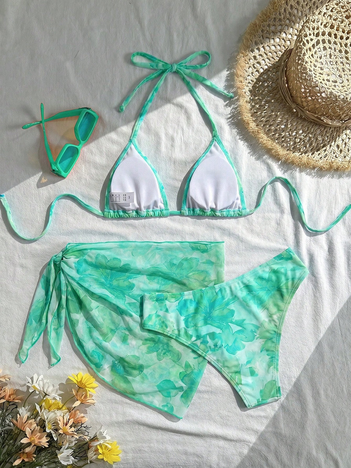 Swim Vcay Women's Floral Print Halter Tie Back Sexy Bikini 3-Piece Swimwear Set For Beach Vacation