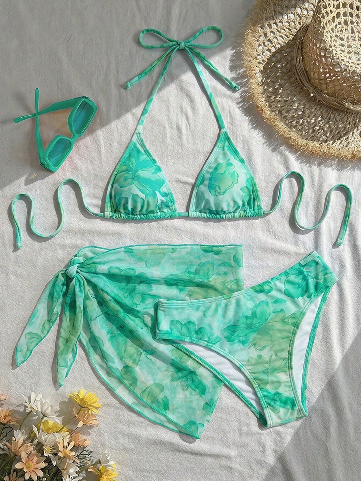 Swim Vcay Women's Floral Print Halter Tie Back Sexy Bikini 3-Piece Swimwear Set For Beach Vacation