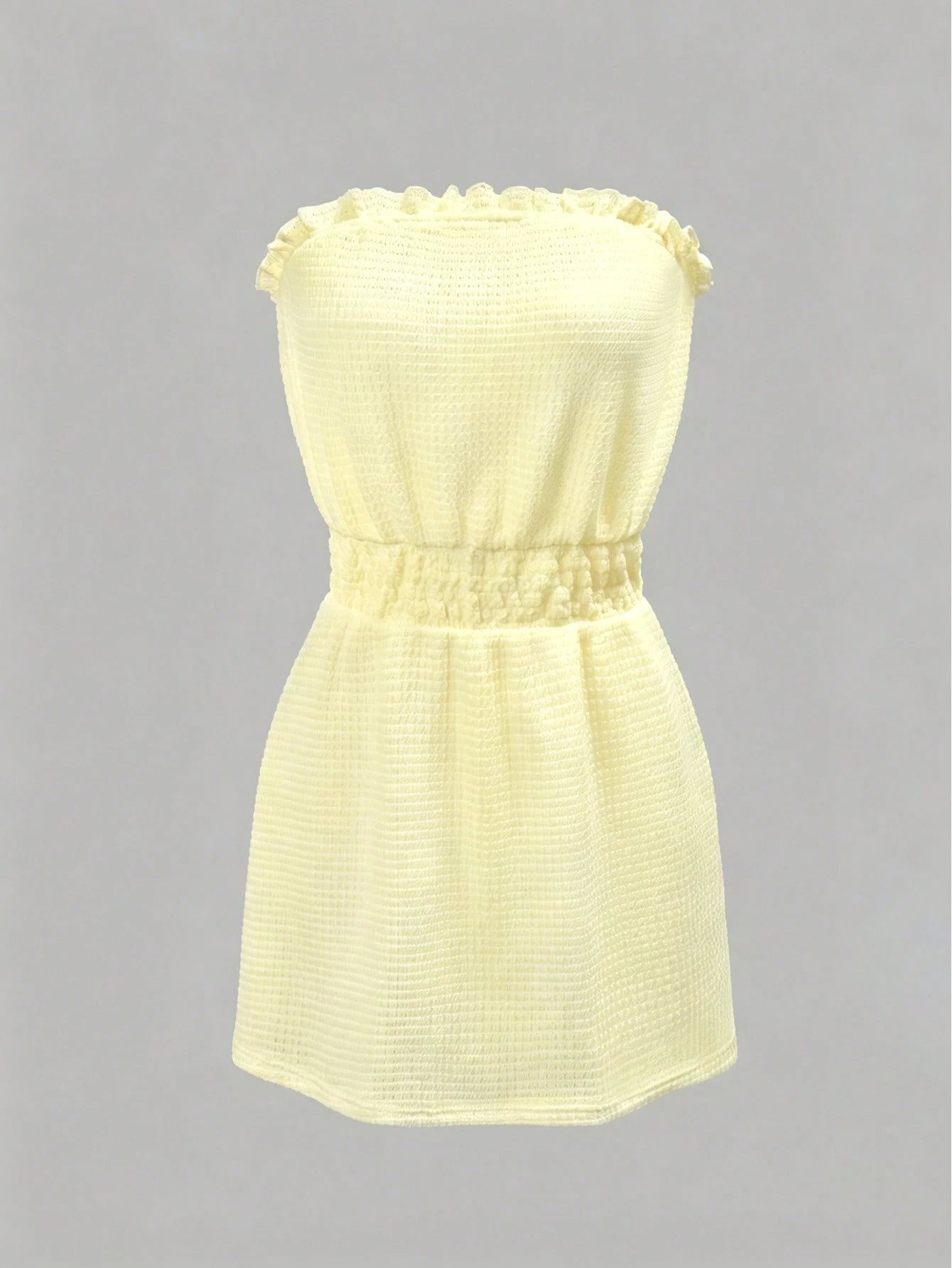Swim Vcay Women's Light Yellow Summer Boho Beach Holiday,Solid Color Ruffle Waist Textured Strapless Tube Top Sundresses,Elegant Casual Holiday Party Outfits