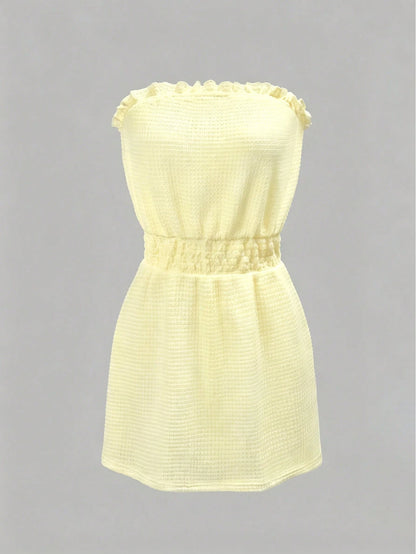 Swim Vcay Women's Light Yellow Summer Boho Beach Holiday,Solid Color Ruffle Waist Textured Strapless Tube Top Sundresses,Elegant Casual Holiday Party Outfits