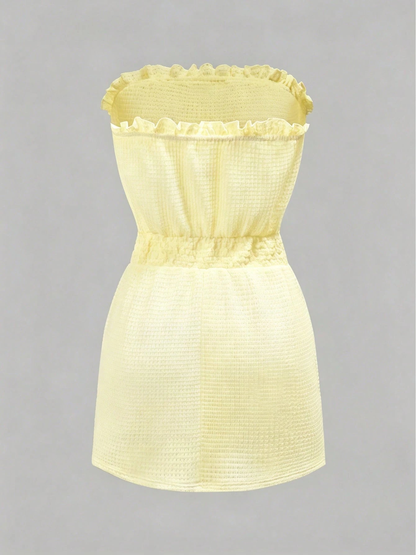 Swim Vcay Women's Light Yellow Summer Boho Beach Holiday,Solid Color Ruffle Waist Textured Strapless Tube Top Sundresses,Elegant Casual Holiday Party Outfits