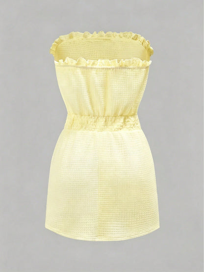 Swim Vcay Women's Light Yellow Summer Boho Beach Holiday,Solid Color Ruffle Waist Textured Strapless Tube Top Sundresses,Elegant Casual Holiday Party Outfits