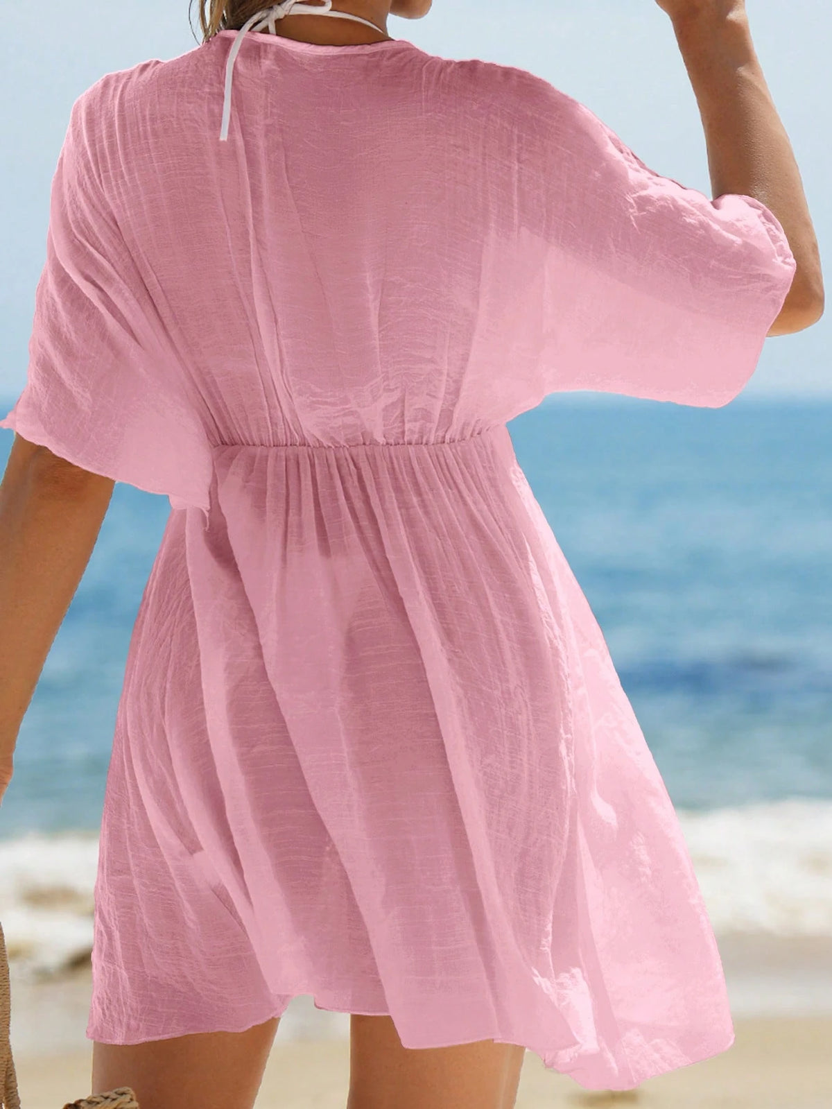 Swim Vcay Women's Pink Summer Boho Beach Vacation Holiday Solid Color V-Neck Contrast Lace Waist Swim Cover-Up Dress,Elegant Casual Country-Style Holiday Wear