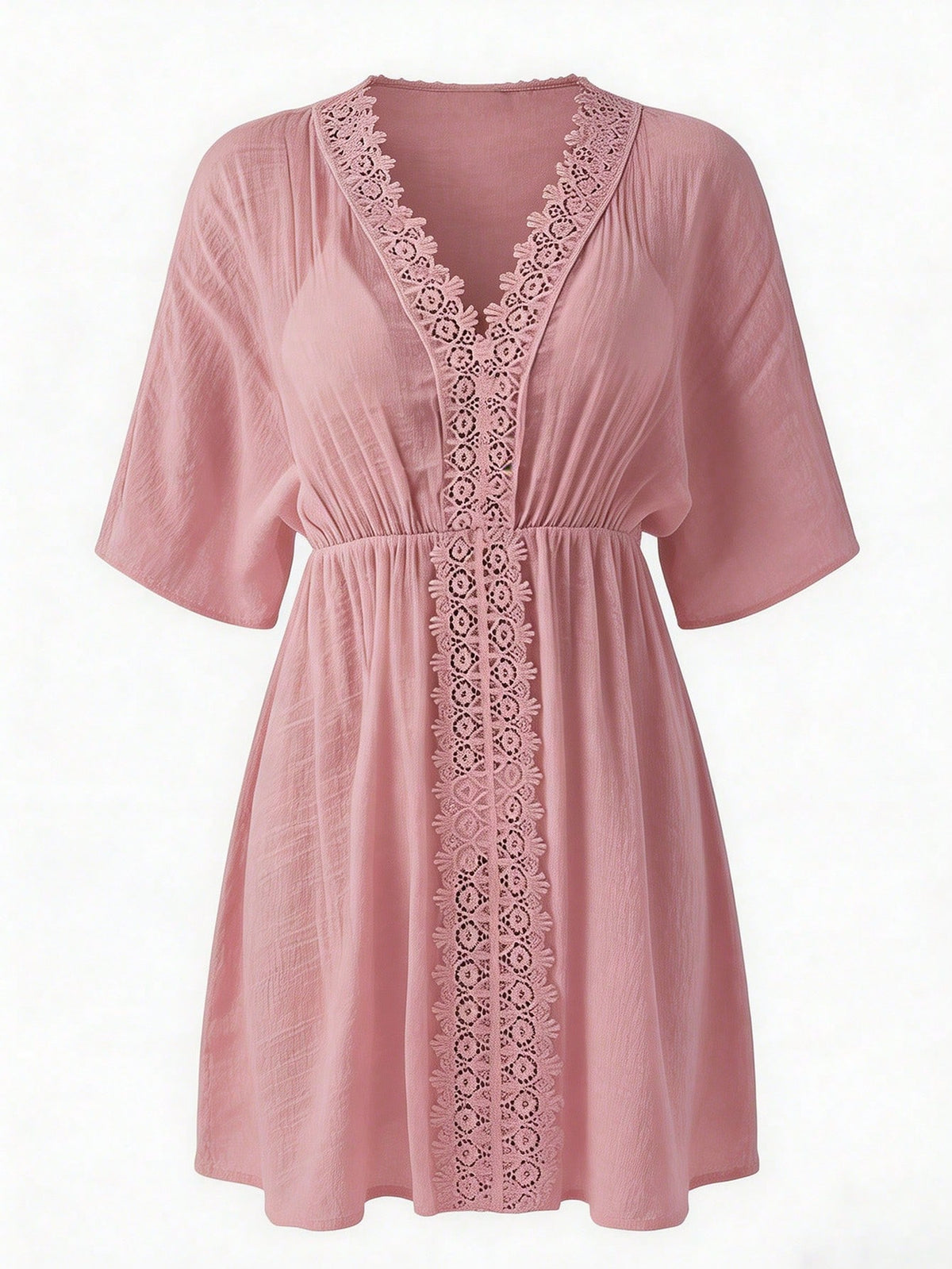 Swim Vcay Women's Pink Summer Boho Beach Vacation Holiday Solid Color V-Neck Contrast Lace Waist Swim Cover-Up Dress,Elegant Casual Country-Style Holiday Wear
