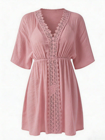 Swim Vcay Women's Pink Summer Boho Beach Vacation Holiday Solid Color V-Neck Contrast Lace Waist Swim Cover-Up Dress,Elegant Casual Country-Style Holiday Wear
