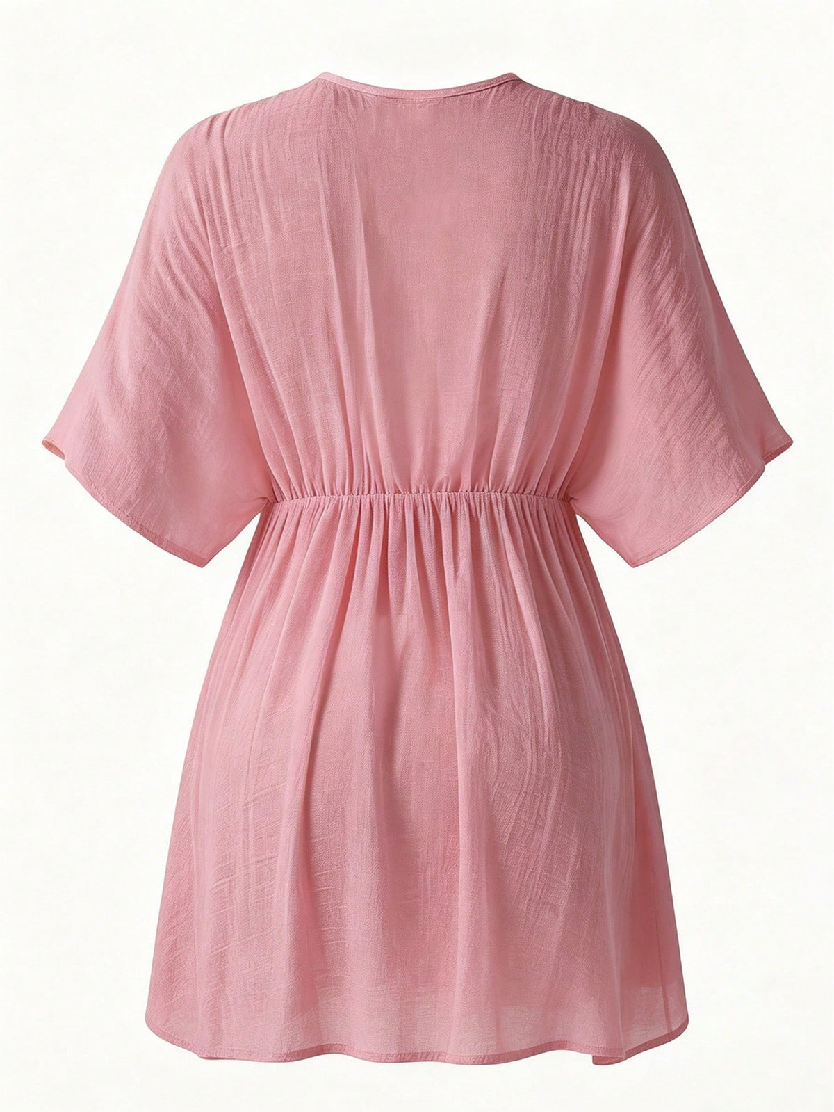 Swim Vcay Women's Pink Summer Boho Beach Vacation Holiday Solid Color V-Neck Contrast Lace Waist Swim Cover-Up Dress,Elegant Casual Country-Style Holiday Wear