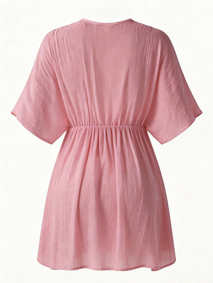 Swim Vcay Women's Pink Summer Boho Beach Vacation Holiday Solid Color V-Neck Contrast Lace Waist Swim Cover-Up Dress,Elegant Casual Country-Style Holiday Wear