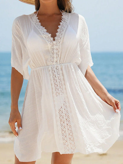 Swim Vcay Women's Pink Summer Boho Beach Vacation Holiday Solid Color V-Neck Contrast Lace Waist Swim Cover-Up Dress,Elegant Casual Country-Style Holiday Wear