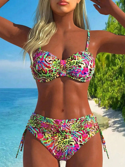 Swim Vcay Women's Sexy Leopard Print Spaghetti Strap Ruched Bikini Set, Summer Vacation