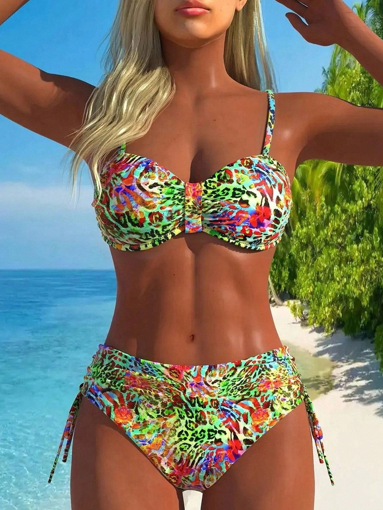 Swim Vcay Women's Sexy Leopard Print Spaghetti Strap Ruched Bikini Set, Summer Vacation