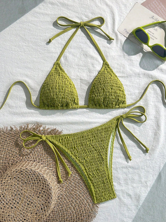 Swim Vcay Women's Solid Color Simple Daily Neck-Hung Two-Piece Swimsuit For Summer Beach Vacation