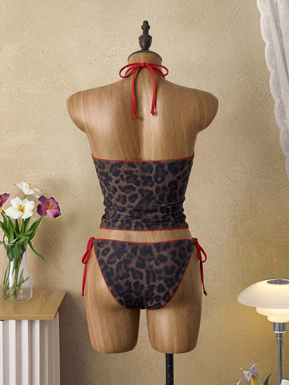 Swim Vcay Women's Summer Beach Holiday Vacation Leopard Print Halter Tie Tankini Swimwear Set Holiday Brown Zebra Print