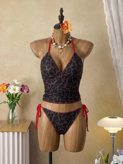 Swim Vcay Women's Summer Beach Holiday Vacation Leopard Print Halter Tie Tankini Swimwear Set Holiday Brown Zebra Print
