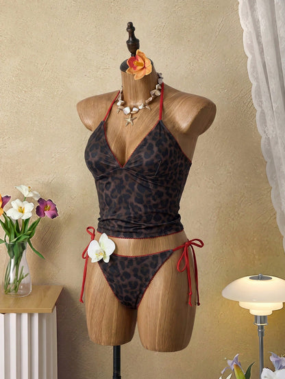 Swim Vcay Women's Summer Beach Holiday Vacation Leopard Print Halter Tie Tankini Swimwear Set Holiday Brown Zebra Print