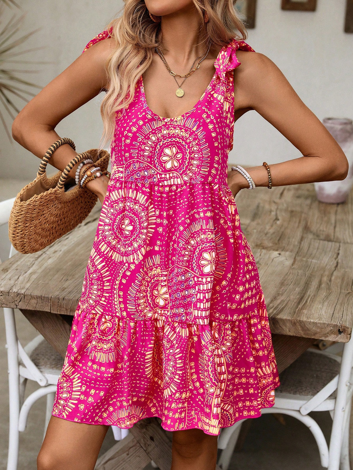 Swim Vcay Women's Summer Beach Sleeveless Bohemian Style Printed Pattern Open Shoulder Tie-Up Design Minimalist Loose Layered Ruched Vacation Coverup Dress