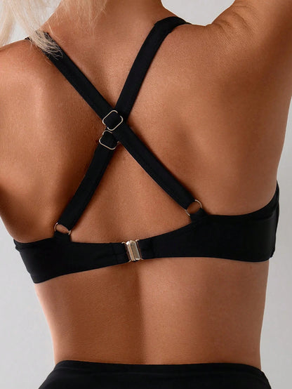 Swim Vcay Women's Summer Beach Solid Color Back-Crossed Sexy Bikini Top With Ruching