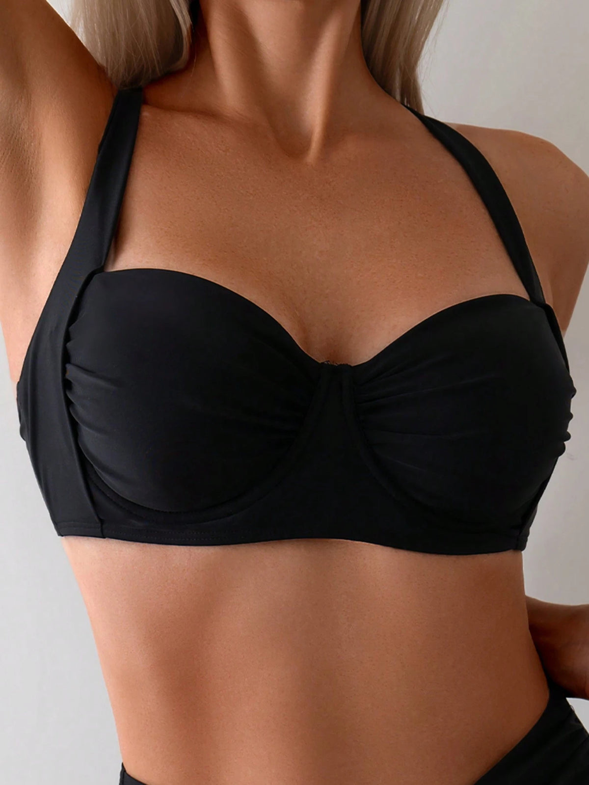 Swim Vcay Women's Summer Beach Solid Color Back-Crossed Sexy Bikini Top With Ruching