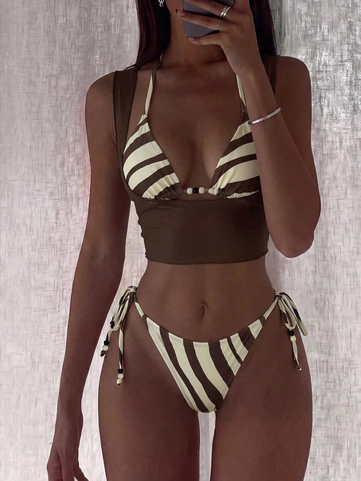 Swim Vcay Women's Summer Beach Vacation Halter Tie Beaded Decor Sexy Backless Bikini 3 Pieces Set