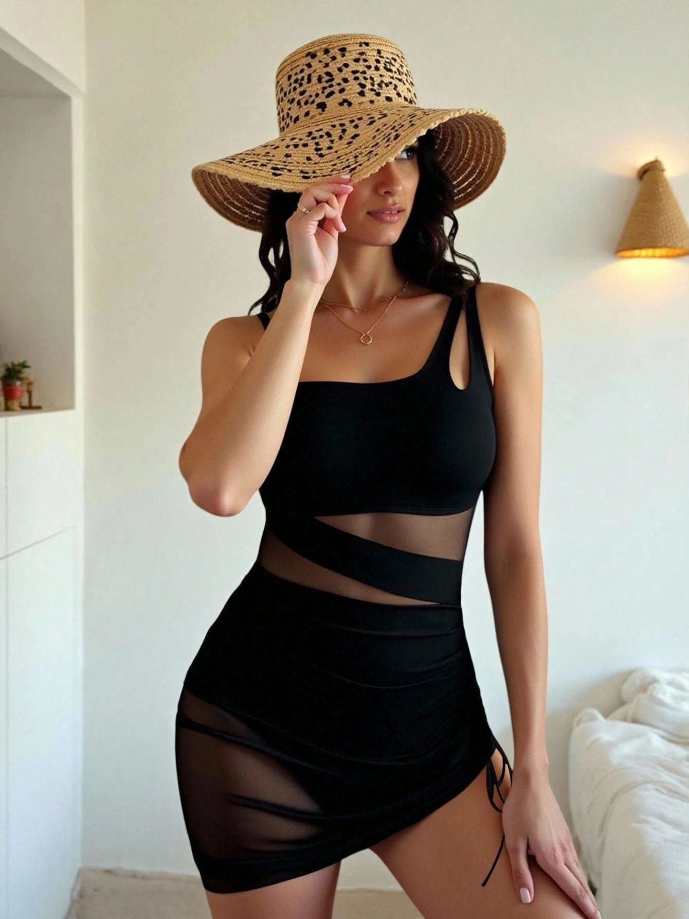 Swim Vcay Women's Summer One Shoulder Black Swimsuit,Padded Bust Mesh Splice One-Piece Swimwear With Drawstring Cute Holiday Vacation See Through Skirt