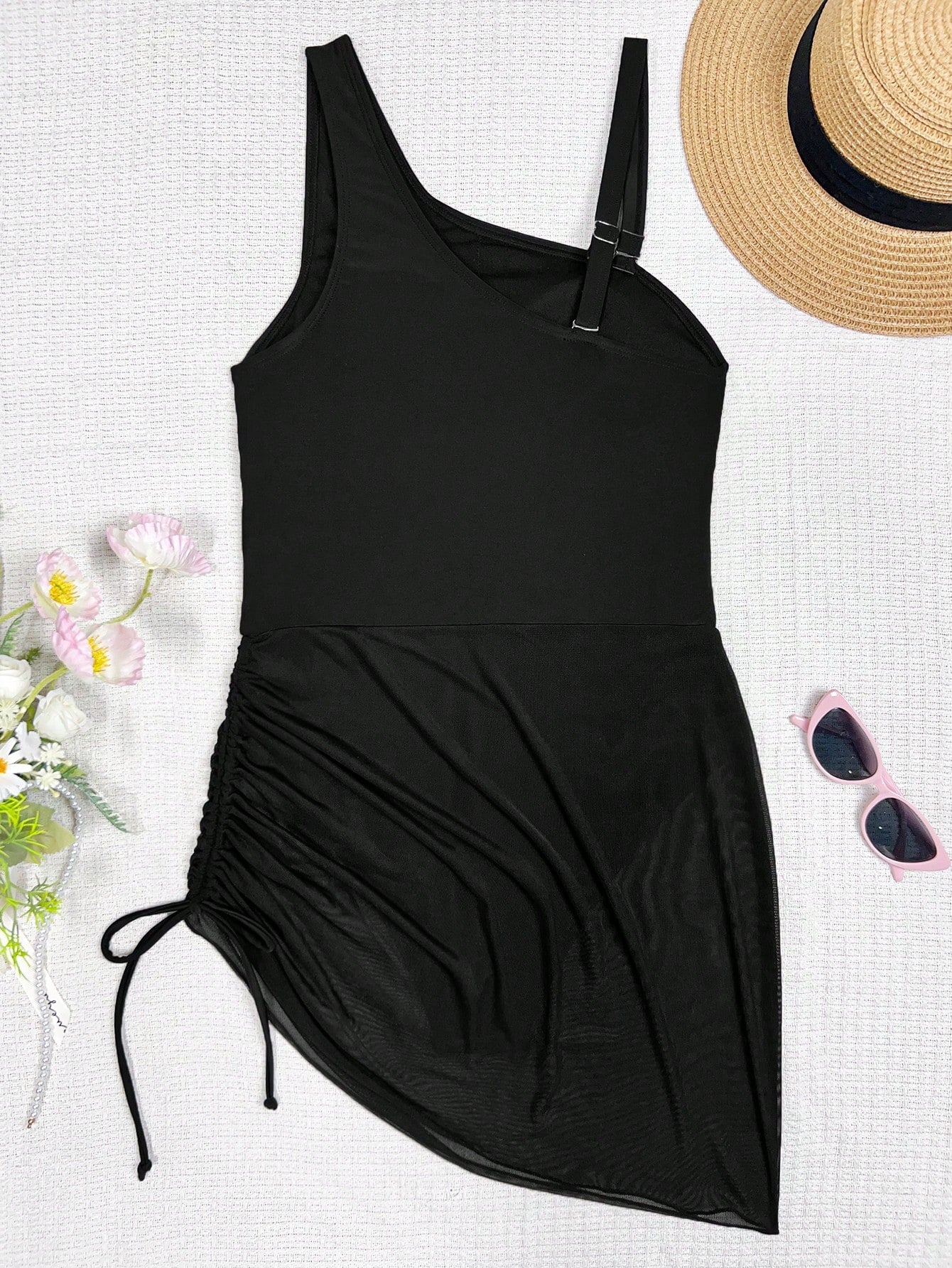 Swim Vcay Women's Summer One Shoulder Black Swimsuit,Padded Bust Mesh Splice One-Piece Swimwear With Drawstring Cute Holiday Vacation See Through Skirt