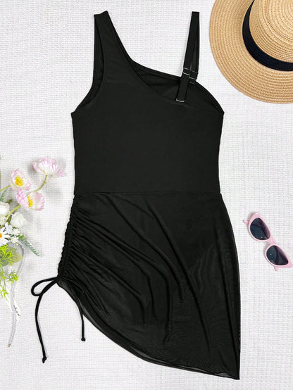 Swim Vcay Women's Summer One Shoulder Black Swimsuit,Padded Bust Mesh Splice One-Piece Swimwear With Drawstring Cute Holiday Vacation See Through Skirt