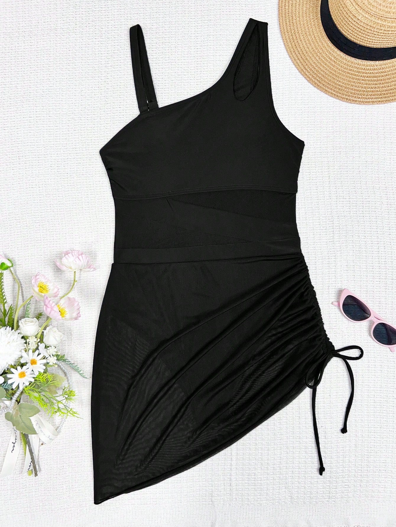 Swim Vcay Women's Summer One Shoulder Black Swimsuit,Padded Bust Mesh Splice One-Piece Swimwear With Drawstring Cute Holiday Vacation See Through Skirt