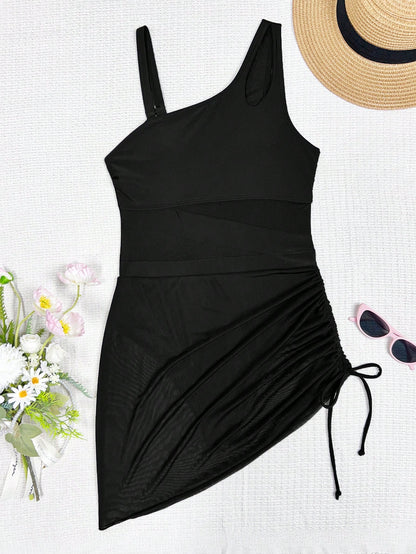 Swim Vcay Women's Summer One Shoulder Black Swimsuit,Padded Bust Mesh Splice One-Piece Swimwear With Drawstring Cute Holiday Vacation See Through Skirt