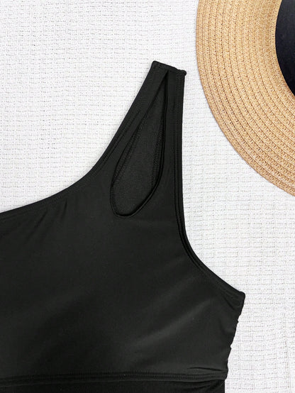 Swim Vcay Women's Summer One Shoulder Black Swimsuit,Padded Bust Mesh Splice One-Piece Swimwear With Drawstring Cute Holiday Vacation See Through Skirt