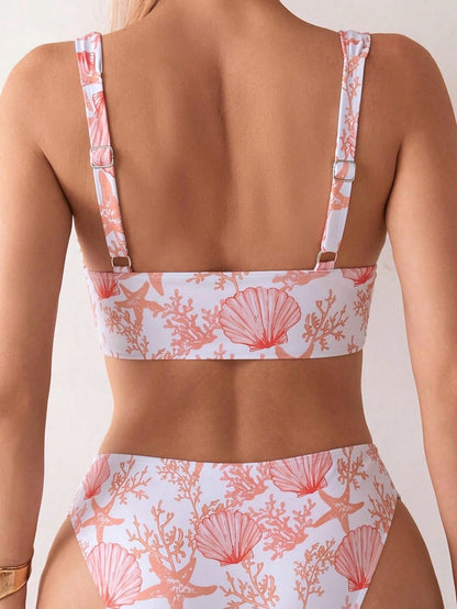 Swim Vcay Women's Summer Random Color Print Strap Top And High Waist Swim Shorts 2-Piece Bikini Set, Beach Holiday