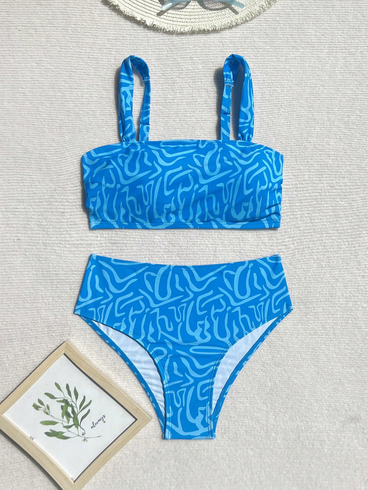 Swim Vcay Women's Summer Random Color Print Strap Top And High Waist Swim Shorts 2-Piece Bikini Set, Beach Holiday