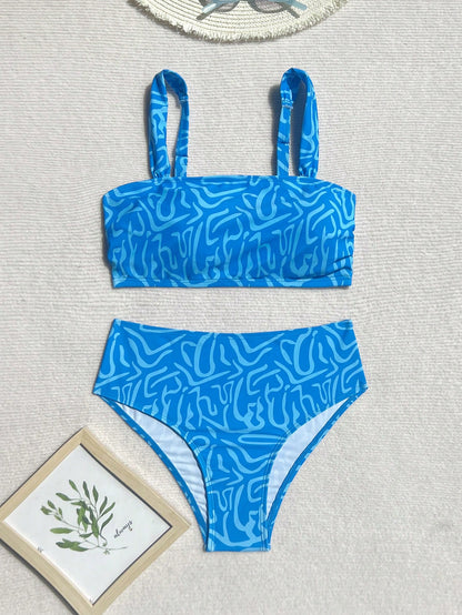 Swim Vcay Women's Summer Random Color Print Strap Top And High Waist Swim Shorts 2-Piece Bikini Set, Beach Holiday