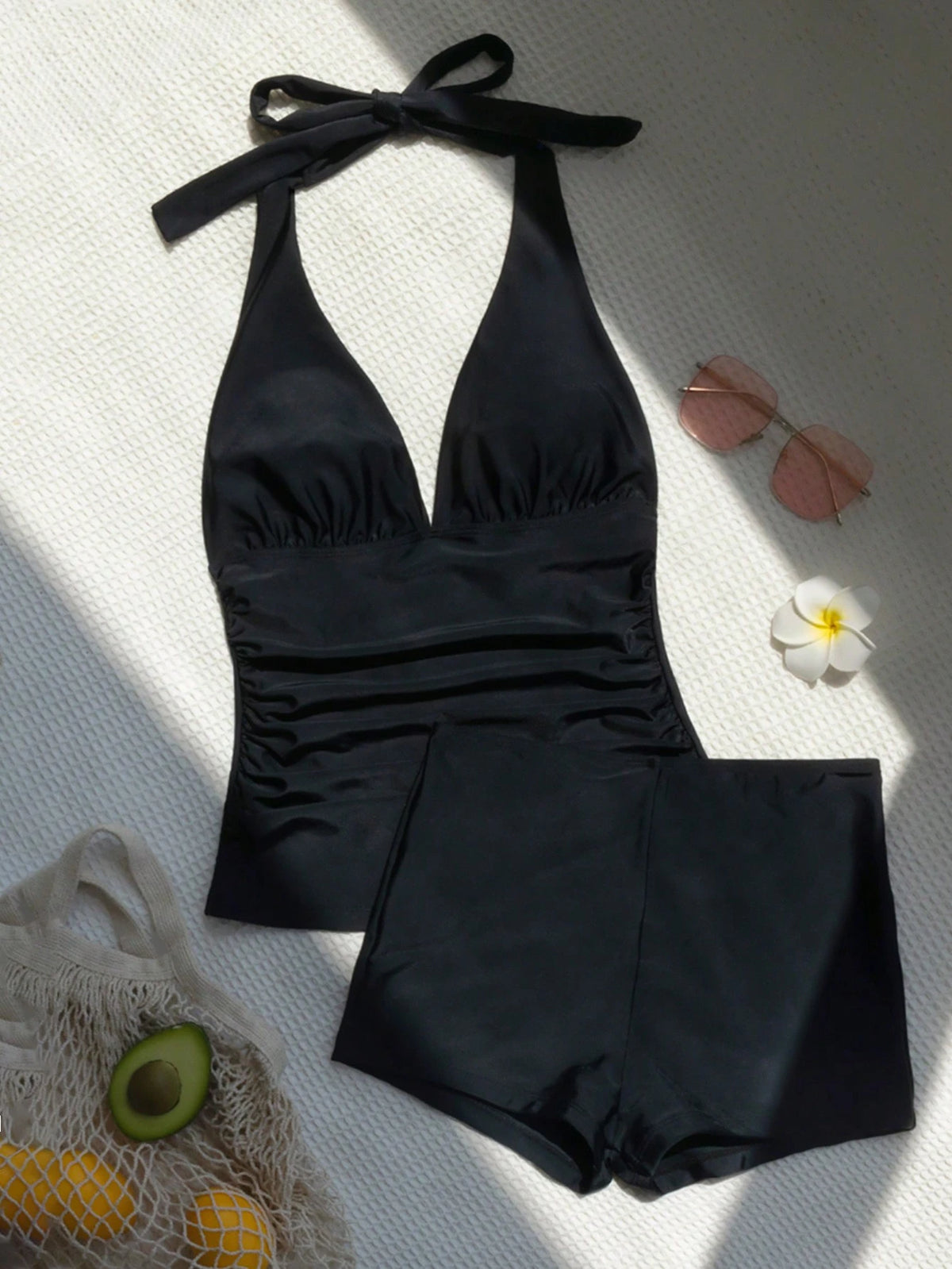 Swim Vcay Women's Summer Vacation Beach Solid Color Halter Backless Tankini Set