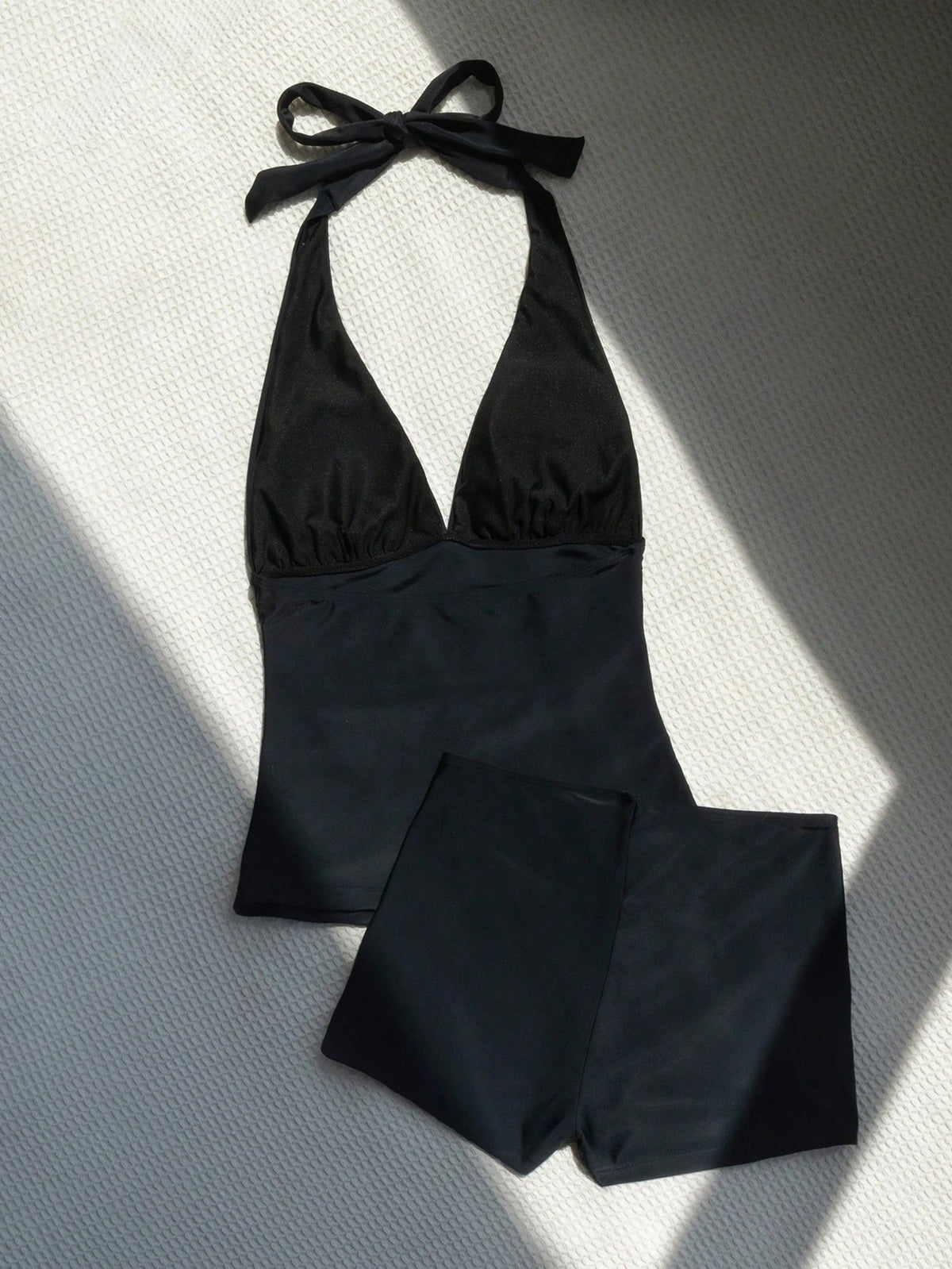 Swim Vcay Women's Summer Vacation Beach Solid Color Halter Backless Tankini Set