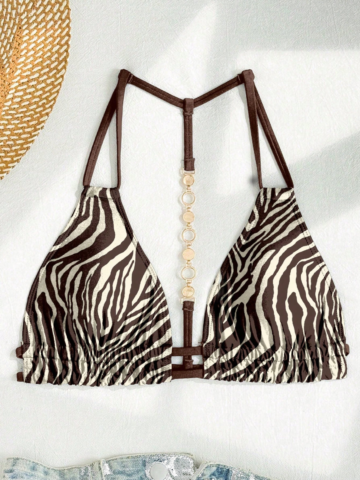 Swim Vcay Zebra Print Halter Neck Back Chain Decor Brown Sexy Fashion Bikini Top