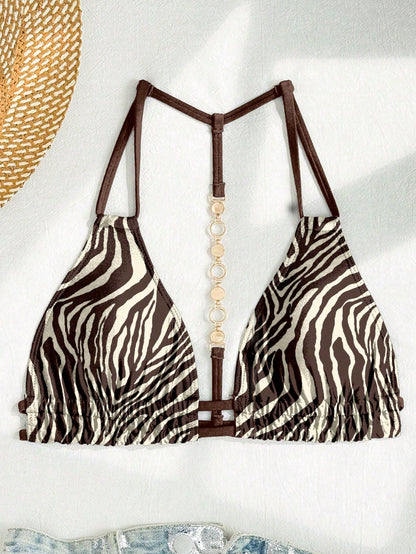 Swim Vcay Zebra Print Halter Neck Back Chain Decor Brown Sexy Fashion Bikini Top