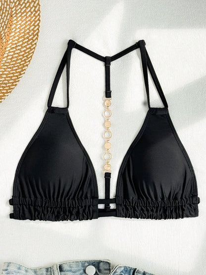 Swim Vcay Zebra Print Halter Neck Back Chain Decor Brown Sexy Fashion Bikini Top