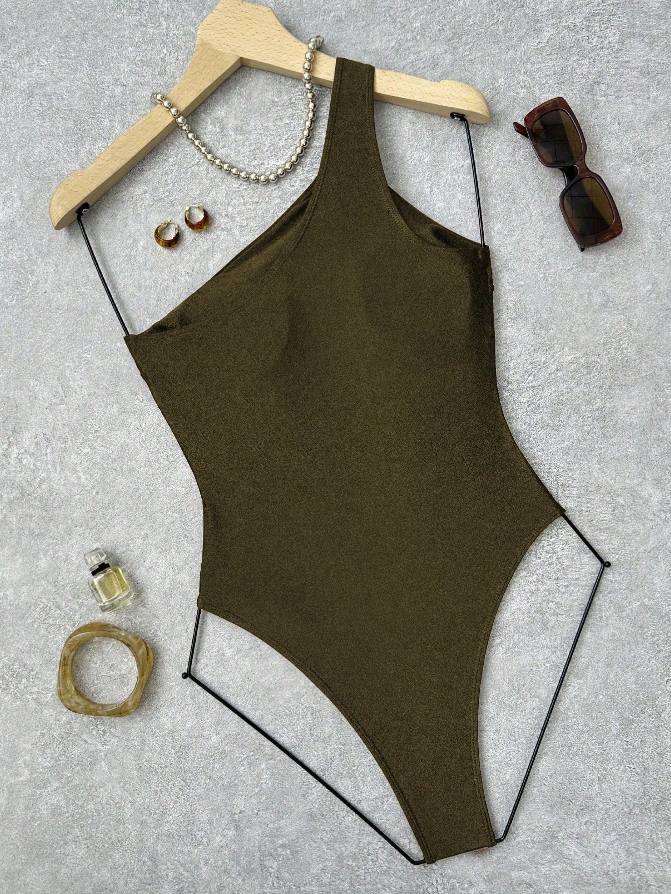 Swim Women's Olive Green Summer Cute Beach One-Shoulder Asymmetric Hollow Design Metal Buckle Decor Elegant Bodysuit Swimsuit For Daily Beach Party Vacation