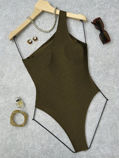 Swim Women's Olive Green Summer Cute Beach One-Shoulder Asymmetric Hollow Design Metal Buckle Decor Elegant Bodysuit Swimsuit For Daily Beach Party Vacation